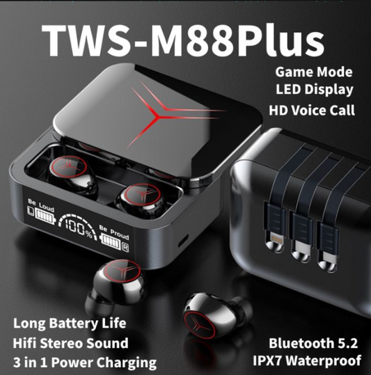 M88 Plus TWS Wireless Earbuds With 3 Cables LED Display Type C  9D Sterio HIFI Audio Bluetooth Earphones Headset with Power Bank